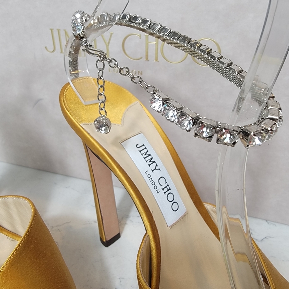 Jimmy Choo Saeda Platform Sandal Yellow Crystal Ankle Strap 37 luxury wedding - Picture 5 of 15